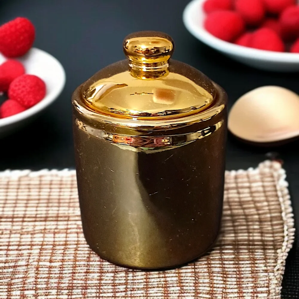 RH Macy Gold Painted Sugar Bowl Lidded Vintage 80s‎ Holiday Ceramic Porcelain
